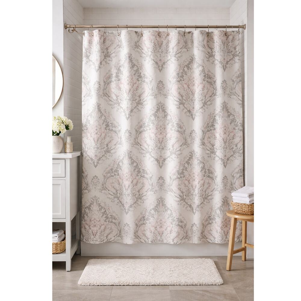 🛁 Elegant Damask Shower Curtain – Cotton Blend – Neutral Spa Style